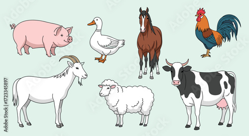 A collection of farm animals including a pig, duck, horse, rooster, goat, sheep and cow.