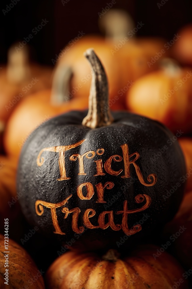 Fototapeta premium Black pumpkin with carved trick or treat lettering surrounded by orange pumpkins