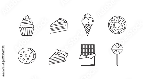 Collection of sweet treat icons in a simple black and white silhouette style
