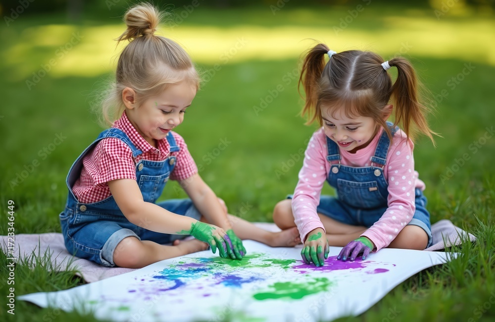 Fototapeta premium Two happy little girls sisters paint with finger paints together on paper at summer lawn. Cute kids drawing, mix colors, create picture. Smiling children enjoying art activity and fun time.