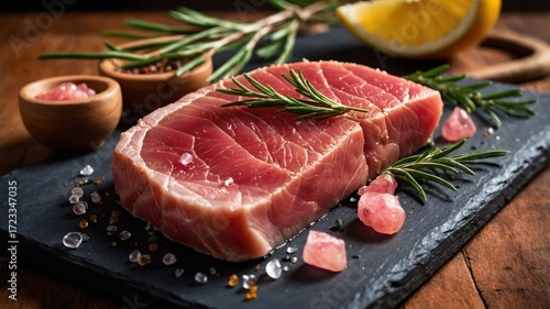 Wallpaper Mural Freshly sliced raw meat on a slate board garnished with herbs and lemon, set in a rustic kitchen Torontodigital.ca