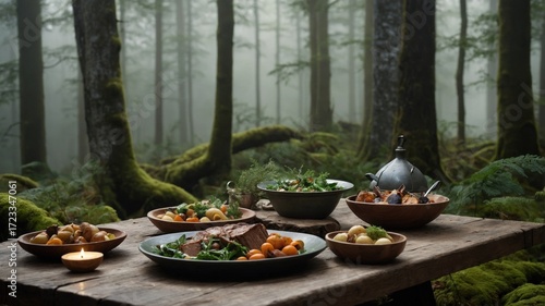 Wallpaper Mural A rustic outdoor feast featuring an array of fresh vegetables and meats set on a wooden table in a misty forest Torontodigital.ca