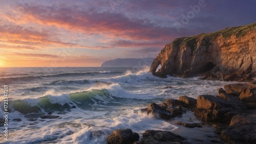 Wallpaper Mural Serene sunset over rugged coastline with crashing waves and distant cliffs under vibrant sky Torontodigital.ca