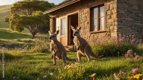 Wallpaper Mural Two kangaroos playfully interacting in a vibrant flower-filled meadow near a rustic stone cottage Torontodigital.ca