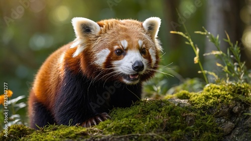 Wallpaper Mural Red panda exploring a lush forest environment, surrounded by greenery and soft sunlight filtering through trees Torontodigital.ca