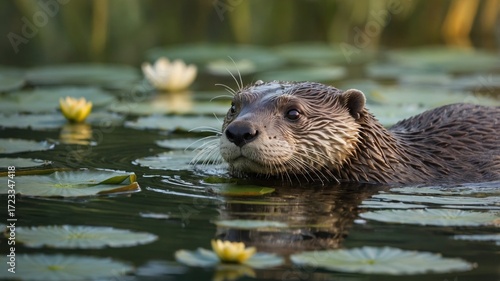 Wallpaper Mural Playful otter swimming among lily pads in a serene pond, surrounded by natural greenery Torontodigital.ca