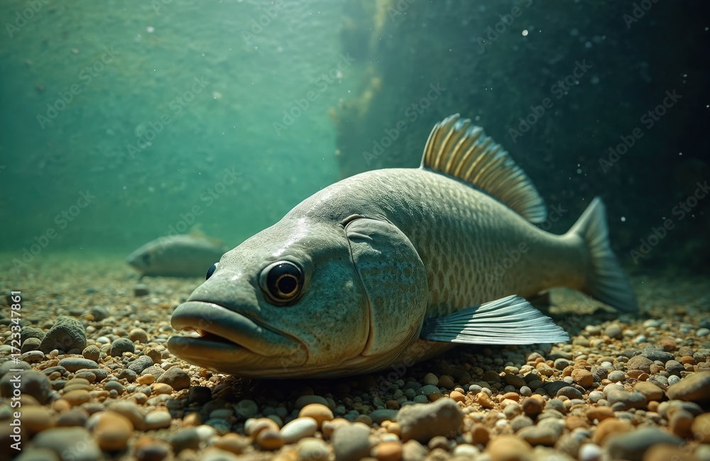 Naklejka premium Close-up of large Nile perch underwater. Freshwater fish swims near river bottom covered by stones. Silver scales glint in sunlight. Tropical predator in its natural habitat in lake.