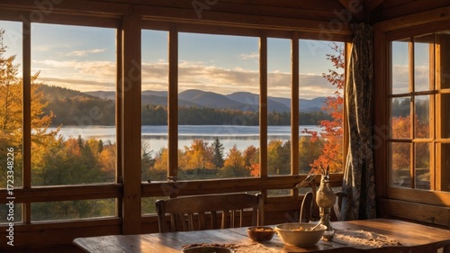 Wallpaper Mural Cozy cabin interior with wooden table, autumn scenery outside, lake and mountains in the background Torontodigital.ca