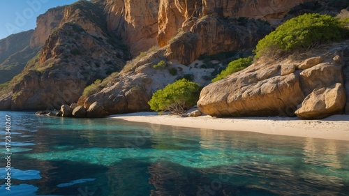 Wallpaper Mural Serene coastal landscape showcasing clear turquoise waters, sandy beach, and rugged cliffs under sunlight Torontodigital.ca