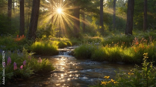 Wallpaper Mural Serene forest landscape with sunlight streaming through trees, illuminating a flowing stream and wildflowers Torontodigital.ca