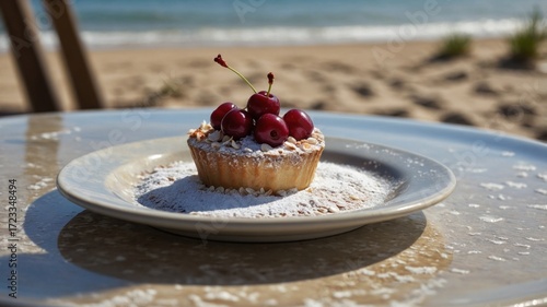 Wallpaper Mural Delicious cherry-topped dessert on a sandy beach table with ocean waves in the background Torontodigital.ca