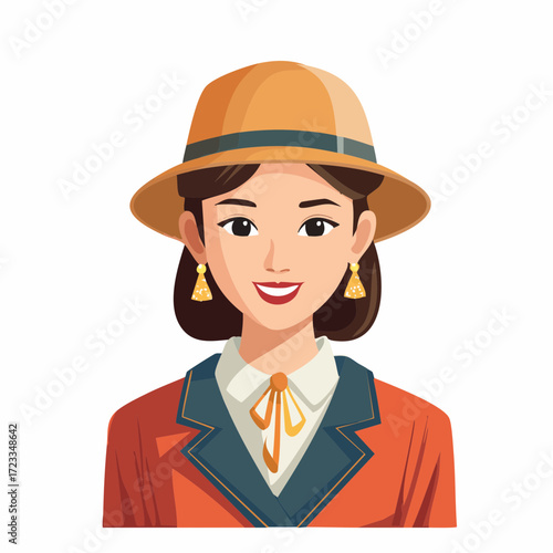Charming Cartoon Illustration of a Woman Smiling and Wearing a Stylish Hat and Jacket