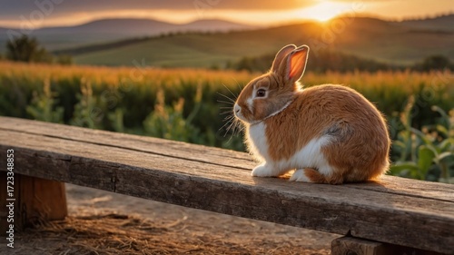 Wallpaper Mural A serene sunset scene featuring a rabbit sitting on a wooden bench in a lush green field Torontodigital.ca