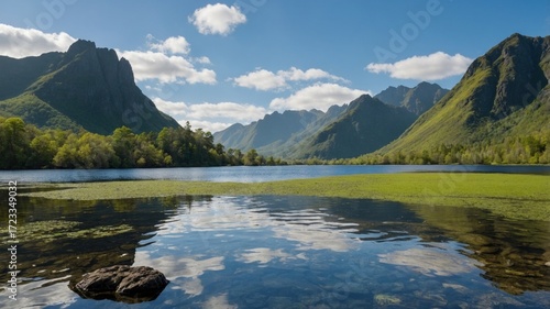 Wallpaper Mural Serene mountain landscape with calm lake reflecting clouds and greenery under bright sunlight Torontodigital.ca