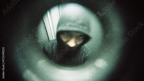 Scary dangerous person silhouette viewed through peephole. Privacy, security, curiosity. Suspicious neighbor peeping looking door peep hole. Thief, criminal looking closely, planning crime.