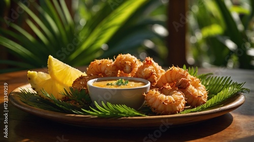 Wallpaper Mural Deliciously plated shrimp with tropical garnish and sauce in a lush garden setting Torontodigital.ca