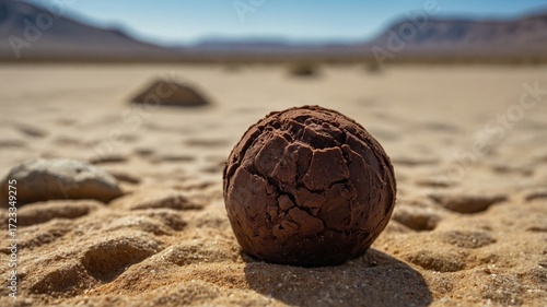 Wallpaper Mural Brown clay ball resting on sandy desert floor with distant mountains under clear blue sky Torontodigital.ca