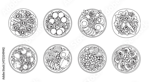 Eight oval shaped plates filled with various salad dishes silhouette