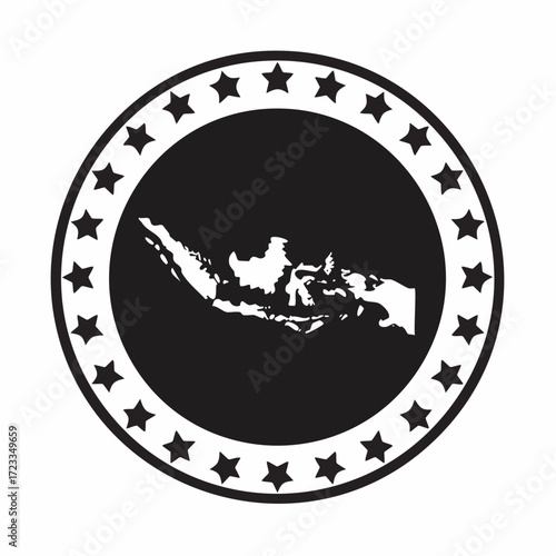 Indonesia map silhouette inside a black circle with a border of white stars around the edge