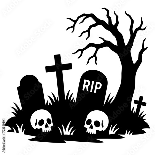 Black and white silhouette of a graveyard with tombstones, skulls, and a crooked tree
