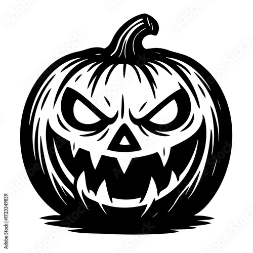 Monochrome drawing of a grinning jack-o’-lantern with glowing eyes and sharp teeth