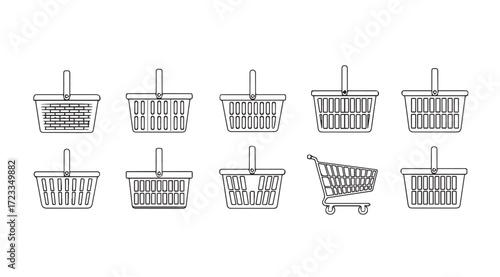 Collection of shopping baskets and a shopping cart silhouette