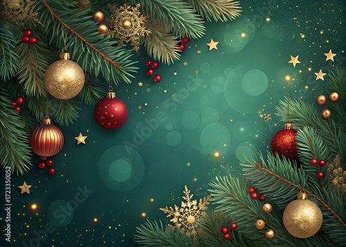 Festive holiday background with pine branches, golden and red Christmas ornaments, sparkling glitter and bokeh lights, dark emerald green gradient background, wide empty copy space in the center, 