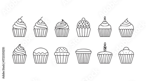 Collection of hand drawn cupcake and ice cream silhouettes with decorative frosting