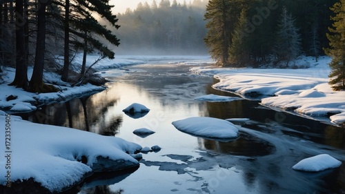 Wallpaper Mural Serene winter landscape with a calm river reflecting trees and mist, evoking tranquility and nature's beauty Torontodigital.ca