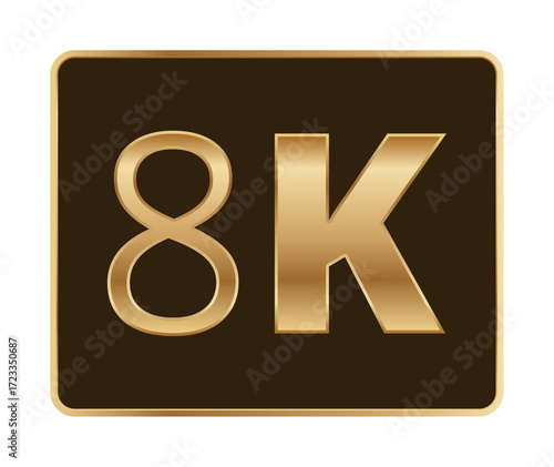 Sleek golden 8k sign on black background highlighting ultra high definition.