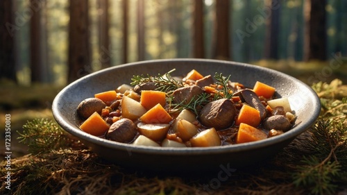 Wallpaper Mural A hearty vegetable stew featuring mushrooms and root vegetables served in a forest setting Torontodigital.ca