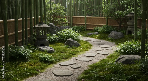 Japanese Garden with Stone Lanterns and Path