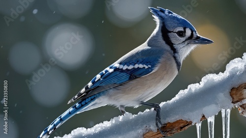 Wallpaper Mural A vibrant blue jay perched on a snowy branch, surrounded by softly blurred winter scenery Torontodigital.ca