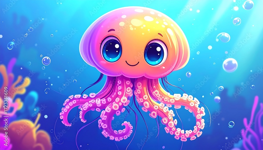 Fototapeta premium Cute cartoon jellyfish in an underwater scene