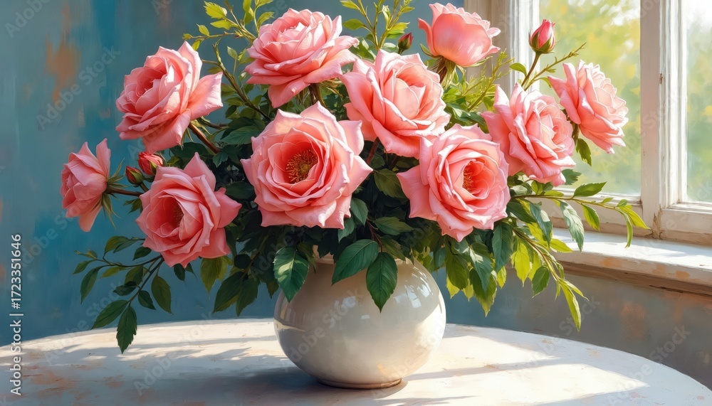 Fototapeta premium Pastel pink roses bouquet in vase on white table near window. Floral arrangement with blossoms, buds. Spring, summer mood, nature beauty, gentle romantic aesthetic. Interior decoration with flowers.