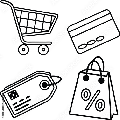 Minimal vector icon set of shopping and e-commerce symbols with cart, bag, credit card, and online payment.