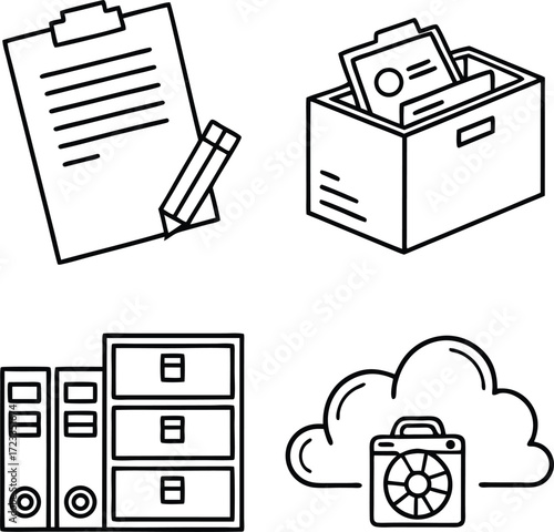 “Business and Office Document Management Vector Icons, Minimalist Line Art for Cloud Storage and Records Keeping”