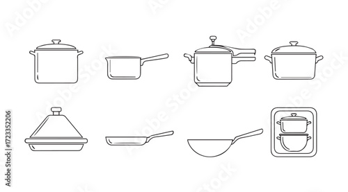 Collection of kitchenware pots pans and tagine in simple silhouette style