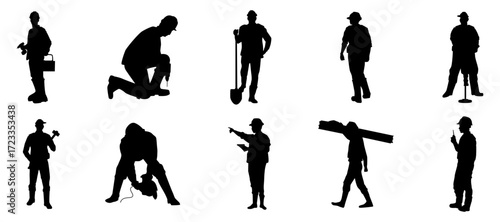 Silhouette Various Poses of Construction Worker Illustration Graphics