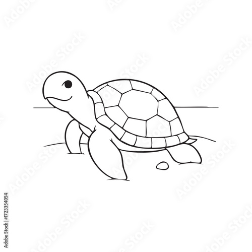 Cute cartoon sea turtle walking on sand with simple outline drawing animal black and white