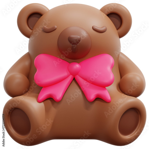 A charming 3D rendered cartoon teddy bear with closed eyes and a vibrant pink bow, sitting peacefully, perfect for delightful childhood themes and innocent designs