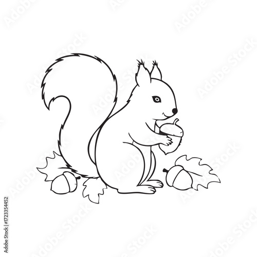 Cute cartoon squirrel holding an acorn and surrounded by autumn leaves and acorns fall