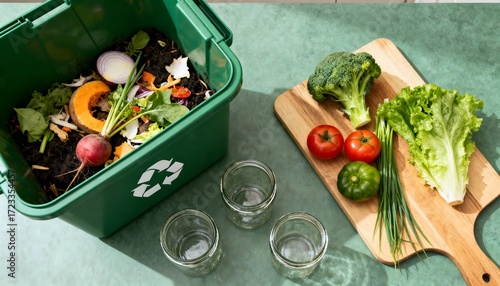 Domestic kitchen worktop with compost caddy of peels next to cutting board of vegetables and herbs; zero-waste cooking, recycling and eco-friendly habits concept; overhead light and copy space