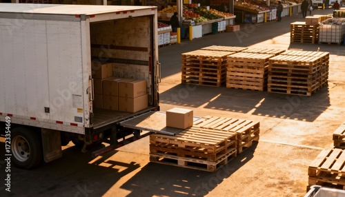 Loading dock at produce market with pallets and a box being unloaded from a generic truck in sunset light; local supply chain, logistics and food distribution symbolism; broad concrete negative space