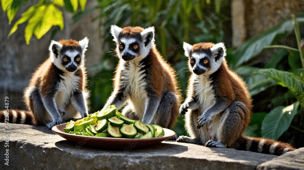 Fototapeta premium Three playful lemurs gathered around a plate of fresh cucumbers in a lush, green habitat