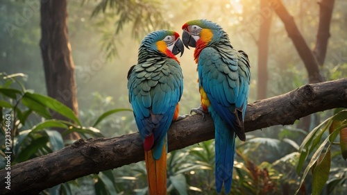 Wallpaper Mural Two vibrant macaws perched on a branch in a lush jungle, bathed in soft morning light Torontodigital.ca
