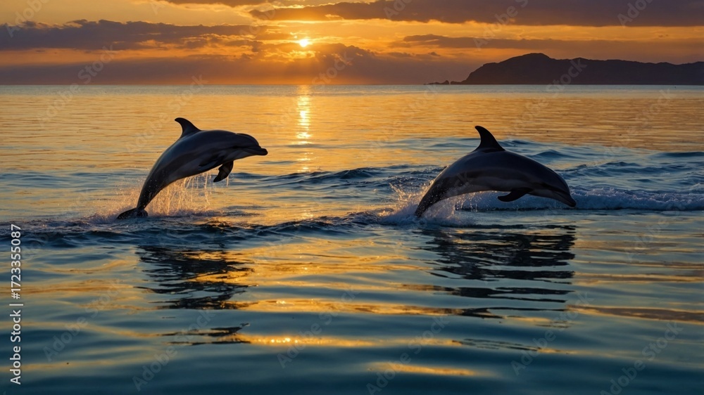Fototapeta premium Two dolphins leaping gracefully over calm ocean waters at sunset, with a vibrant sky and distant hills