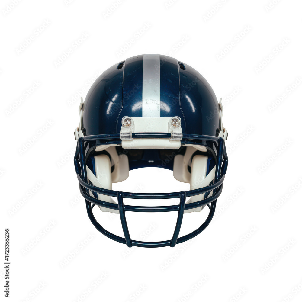 Fototapeta premium Dark blue American football helmet with silver stripe and white facemask football gear sports equipment on a transparent background