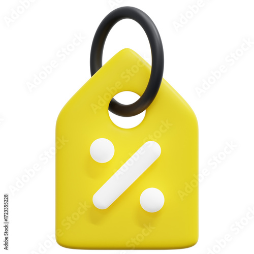 A vibrant 3D yellow discount tag with a bold percentage symbol, representing special offers, sales promotions, and retail bargains