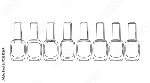 A row of clear glass nail polish bottles in a simple line silhouette